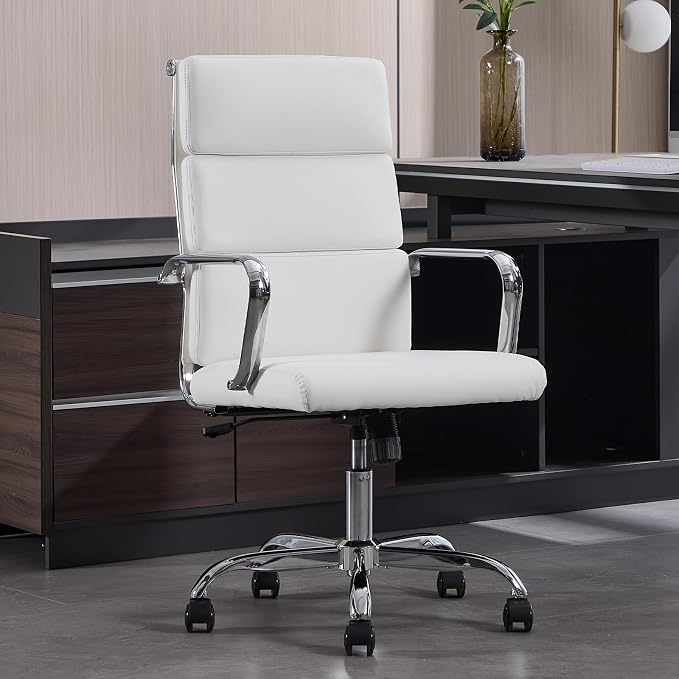 Office Chair, Ergonomic Executive Conference Room Chairs, Ribbed Leather Desk Chair with Lumbar Support, Adjustable Height Mid-Back Swivel Chair with Padded Seat