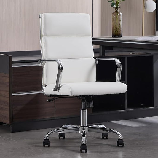 Office Chair, Ergonomic Executive Conference Room Chairs, Ribbed Leather Desk Chair with Lumbar Support, Adjustable Height Mid-Back Swivel Chair with Padded Seat