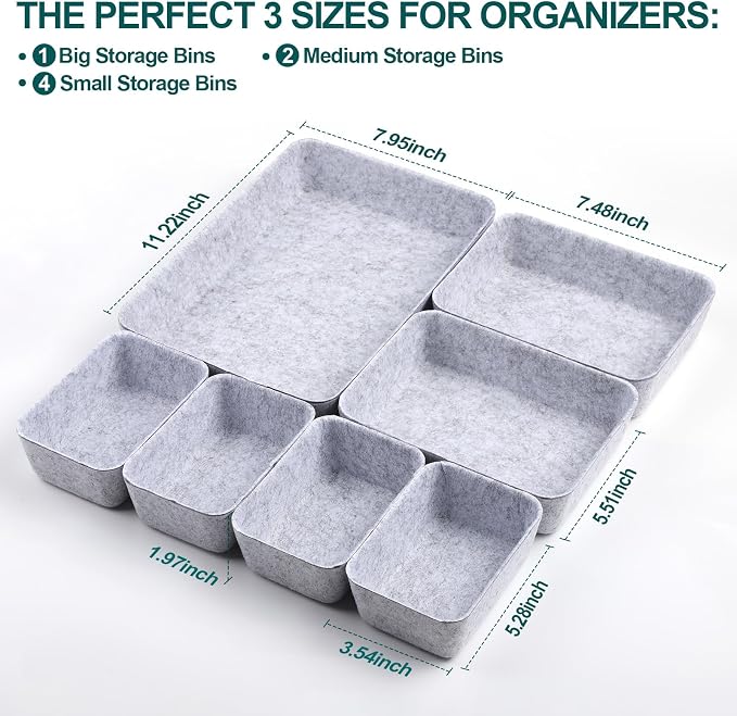Desk Drawer Organizer | 7 Pack Felt Drawer Organizer Shallow Drawer Organizers Felt Storage Bins (Light Gray)