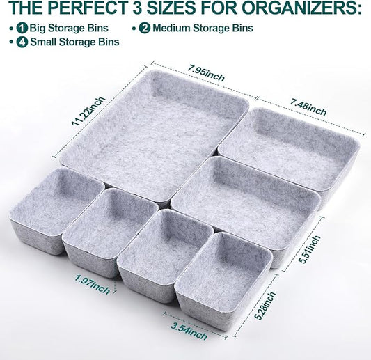 Desk Drawer Organizer | 7 Pack Felt Drawer Organizer Shallow Drawer Organizers Felt Storage Bins (Light Gray)