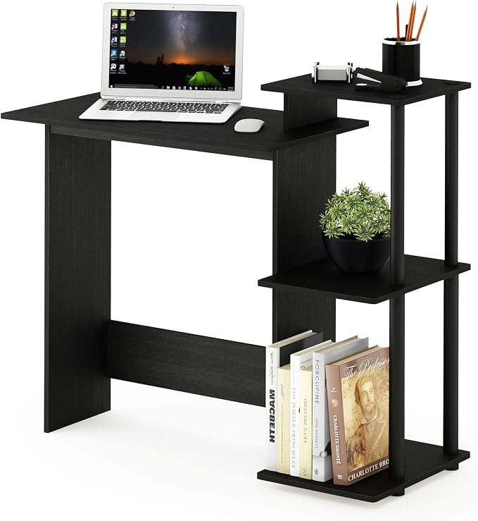 Furinno Efficient 29-Inch Black Computer Desk with Side Shelves, Gaming Desk with 3 Open Shelves, Home Office Desk, for Home Office, Study Room, Dorm, Bedroom, Dark Americano