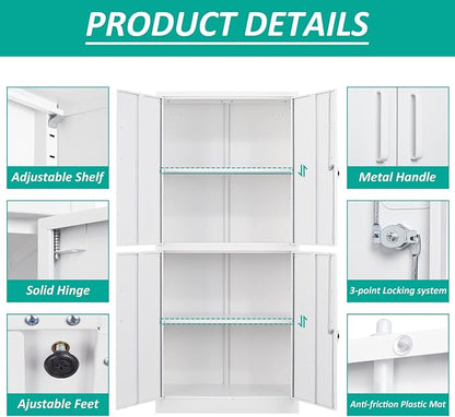 Metal Storage Cabinet with 3 Adjustable Shelves,White Storage Cabinet with Lock,71" Lockable Metal Cabinets with Locking Doors,Tall Steel Pantry Cabinets 4 Door for Home,Office,Garage,Bathroom,Kitchen