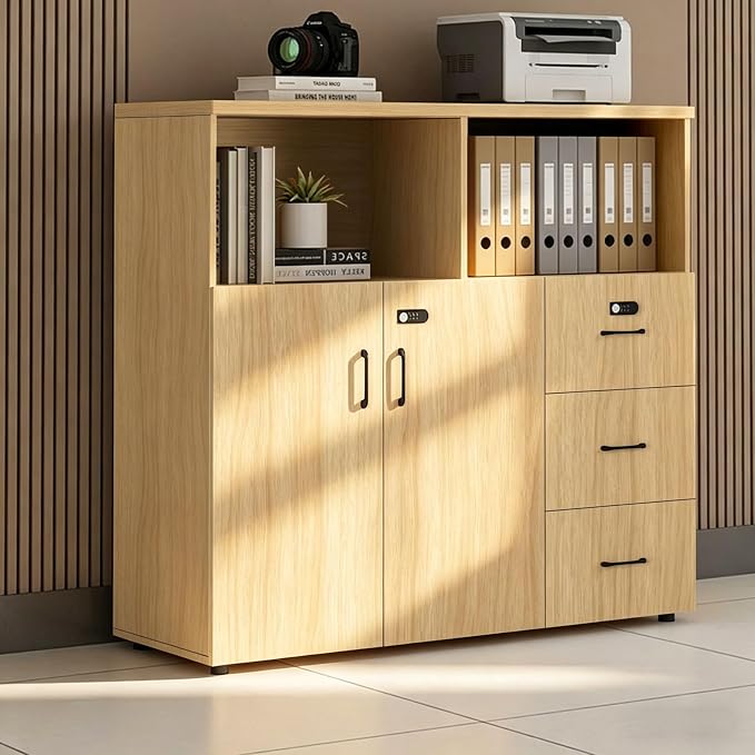 File Cabinet with Password Lock, Wood Lateral Filing Cabinet for Letter/A4 Files, 3 Drawer with Door, Printer Stand with Open Shelves for Home Office