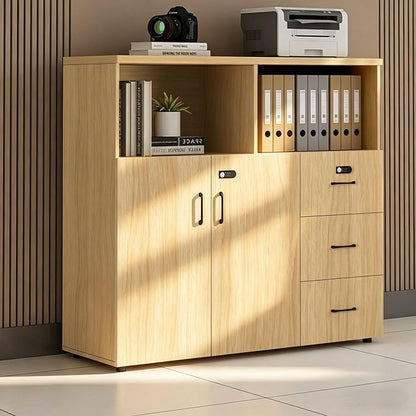 File Cabinet with Password Lock, Wood Lateral Filing Cabinet for Letter/A4 Files, 3 Drawer with Door, Printer Stand with Open Shelves for Home Office