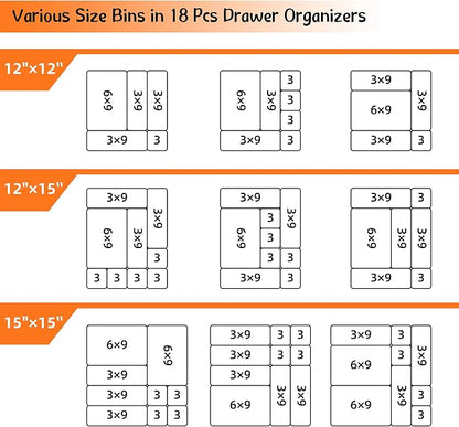 BYCY 18 Pcs White Drawer Organizers Trays Set Drawer Dividers for Kitchen Office Bathroom, Interlocking Bin Pack (18 Pieces)