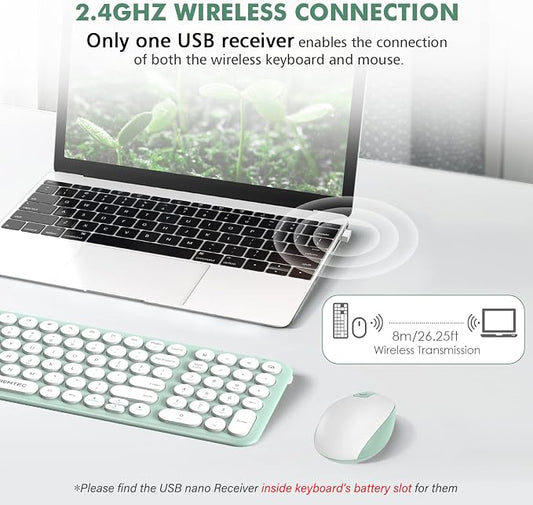 Wireless Keyboard and Mouse Combo,XTREMTEC 2.4GHz Quiet Slim Cute Round Keycap Compact Size Green Kawaii Cordless Retro Keyboard and Mouse Set Home Office Accessories for Mac/Windows(Macaron Green A)