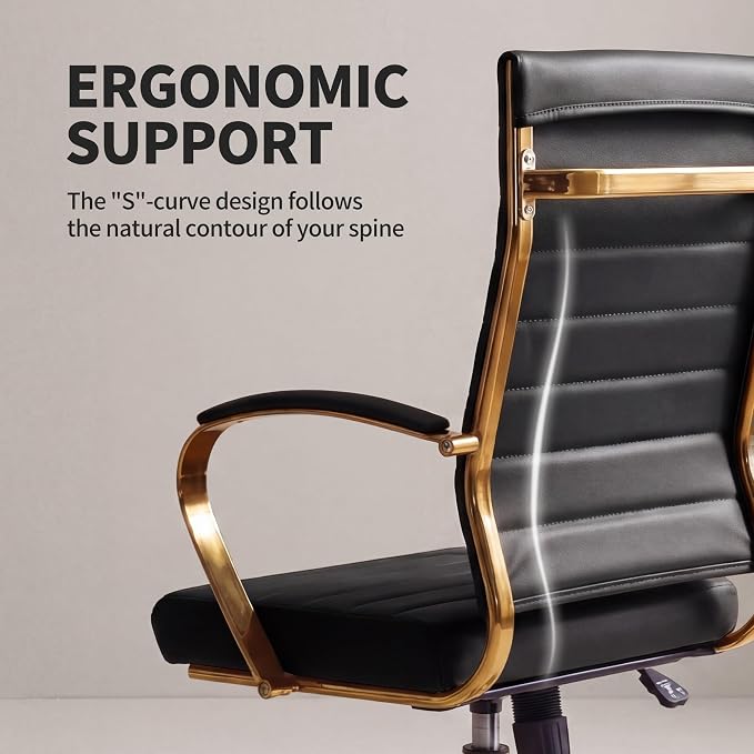 Okeysen Gold Office Desk Chair, Ergonomic Leather Modern Conference Room Chairs, Executive Ribbed Height Adjustable Swivel Rolling Golden Chair for Home Office.