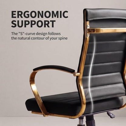 Okeysen Gold Office Desk Chair, Ergonomic Leather Modern Conference Room Chairs, Executive Ribbed Height Adjustable Swivel Rolling Golden Chair for Home Office.