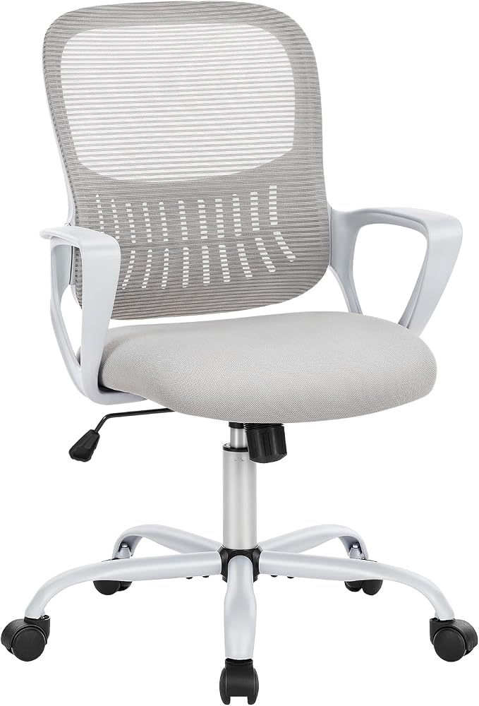 Sweetcrispy Ergonomic Mid-Back Mesh Home Office Desk Chair with Wheels, Managerial Executive Chair with Lumbar Support, and Comfortable Armrests for Home, Bedroom, Study, Office, Grey