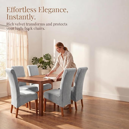Deisy Dee Stretch XL/Oversized Extra Large Velvet Dining Room Chair Covers for Kitchen Dining，Removable Washable Chair Protectors Slipcovers (Sliver, 4)