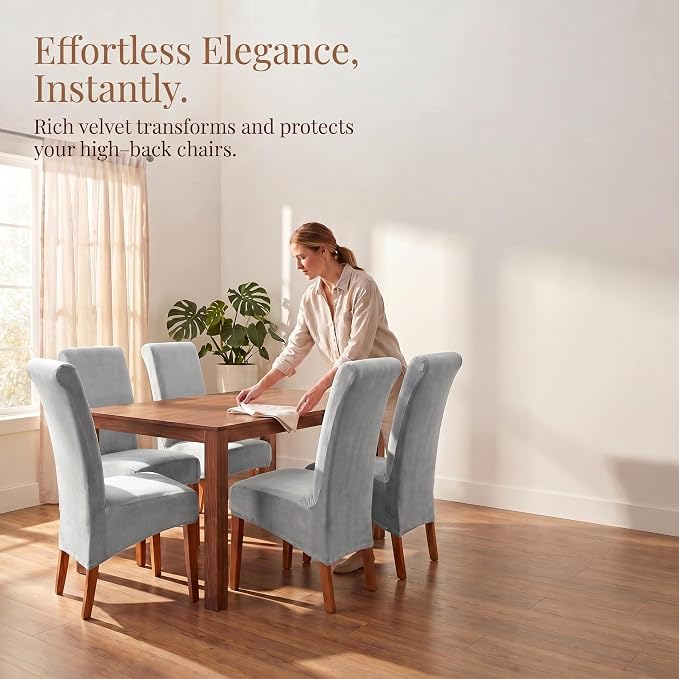 Deisy Dee Stretch XL/Oversized Extra Large Velvet Dining Room Chair Covers for Kitchen Dining，Removable Washable Chair Protectors Slipcovers (Sliver, 2)