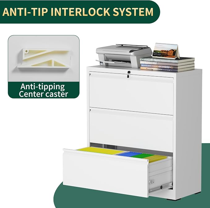 3 Drawer Lateral File Cabinet with Lock, Metal Lateral File Cabinets for Home Office, Steel Heavy-Duty Filing Storage Cabinet for Letters/Legal/A4 (Require Assembly, White)