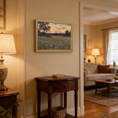 CXQILVER Vintage Framed Meadow Sunset Wall Art, Rustic Twilight Field Landscape Canvas Wall Decor Wildflowers Firefly Poster Print Farmhouse Nature Painting Artwork for Living Room Bedroom 12x16 Inch