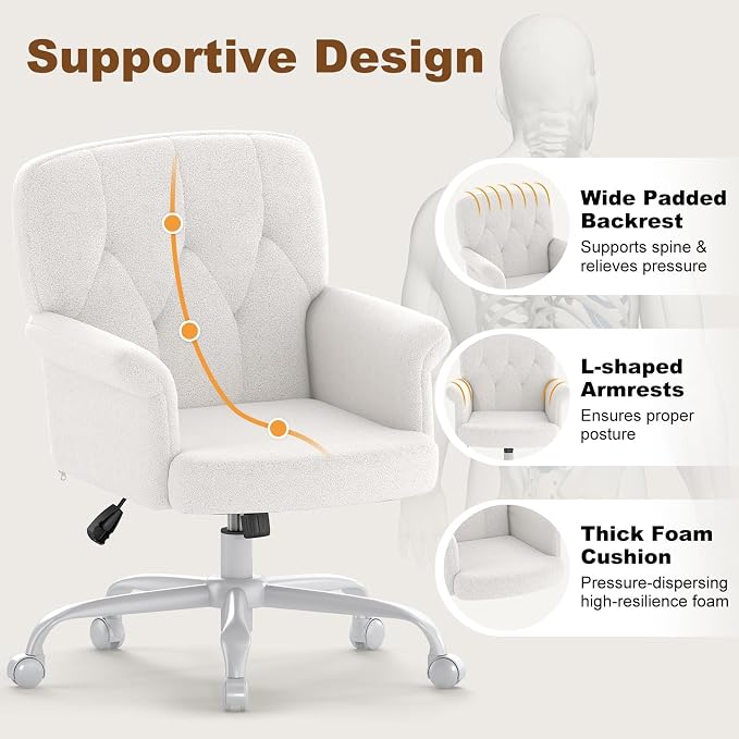 Comfy Home Office Desk Chair, Upholstered Fuzzy Vanity Chair with Wheels and Arms, Modern Adjustable Swivel Computer Seat for Make Up, Home Office, Living Room, Bedroom, Teddy Fleece, White