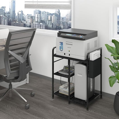 Sedegn Large Printer Stand with 3 AC Outlets for Home Office Devices | Heavy-Duty Printer Table for Laser Printer, Side Paper Storage Bag, 3-Tier Organizer for Shredder, PC Tower & Supplies, Black