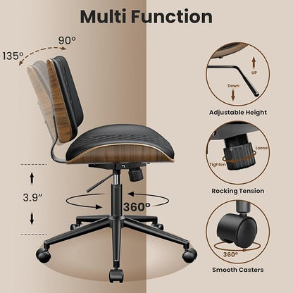 YaFiti Armless Office Chair, Mid Century Modern Desk Chair with Walnut Wood Back & SGS Level 3 Gas Lift, Swivel PU Leather Computer Chair for Small Space, Home Office, Bedroom, 300lbs Cap, Black