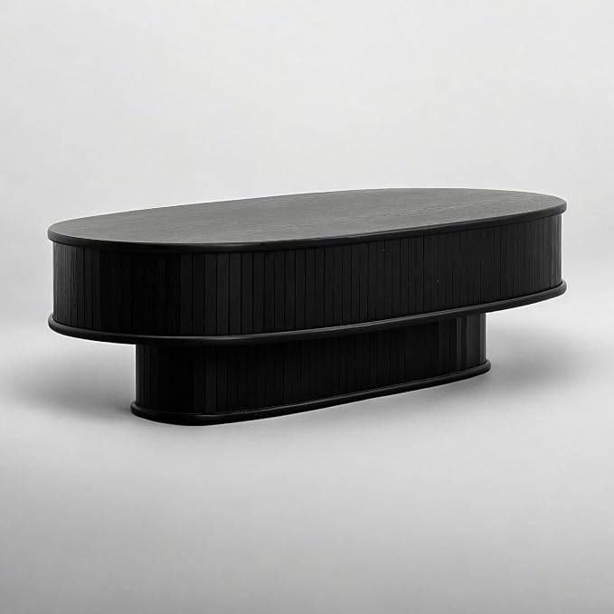 NTC Stream DOU Coffee Table, Modern Double-Layer Oval Wooden Center Table with Vertical Groove Design, Stylish Living Room Decor, Contemporary Minimalist Style, Easy Assembly - Burnt Black