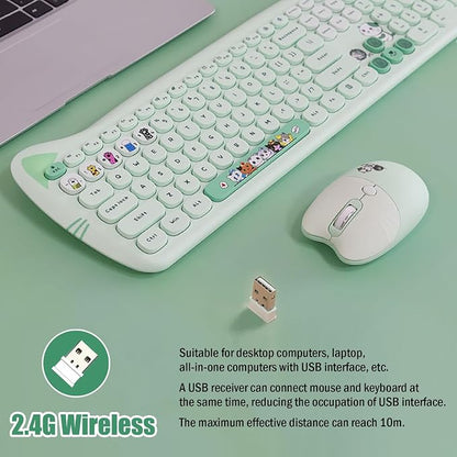 Cute Cat 2.4G USB Wireless Keyboard and Mouse Combo, Silent Keys, Candy Colors, Compatible with Notebook, PC (Green-110Keys)