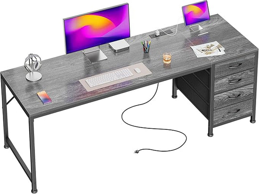 PRAISUN 63 Inch Computer Office Desk with Power Outelts and USB-C Port, Reversible Gaming Desk with 4 Fabric Drawers, Work Study Desk Work from Home, Grey