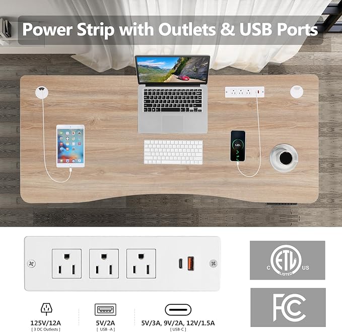 Adjustable Standing Desk, 63'' x 24'' Electric Height Adjustable Desk, Ergonomic Home Office Stand up Desk with Wheels, Outlets and Splice Board,2 USB Ports,3 Power Outlets,4 Caster(Oak)
