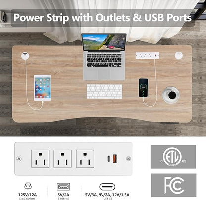 Adjustable Standing Desk, 63'' x 24'' Electric Height Adjustable Desk, Ergonomic Home Office Stand up Desk with Wheels, Outlets and Splice Board,2 USB Ports,3 Power Outlets,4 Caster(Oak)