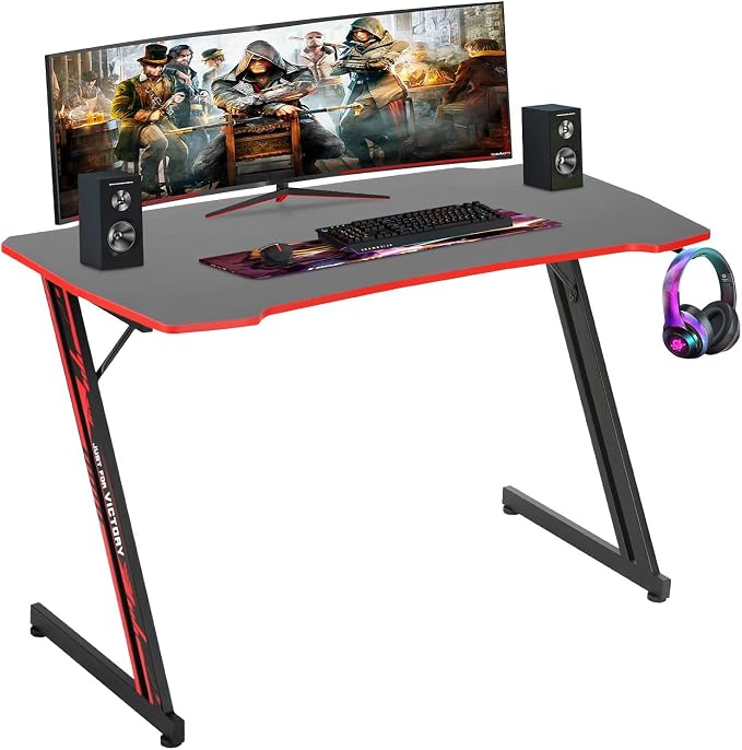 BestOffice Gmaing Desk Z Shaped 47 inch PC Computer Desk Computer Workstation Ergonomic Gaming Table with Headphone Hook for Game Players, Red
