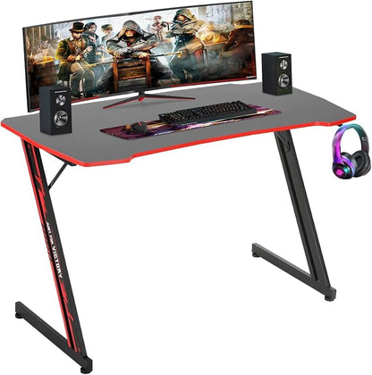 BestOffice Gmaing Desk Z Shaped 47 inch PC Computer Desk Computer Workstation Ergonomic Gaming Table with Headphone Hook for Game Players, Red