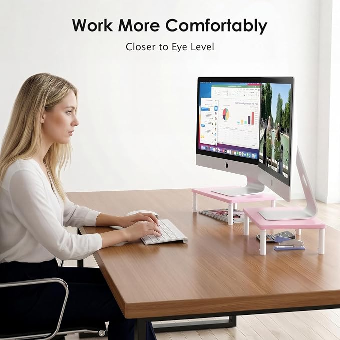 OPNICE Adjustable Computer Monitor Stand Riser for Desk, Desk Organizer & Office Decor for Women, Laptop Stand, Office Desk Accessories & Workspace Organizers for Home Office, Pink Wood