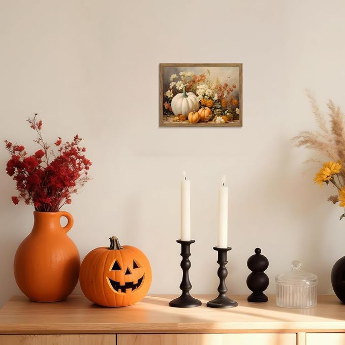 Framed Fall Pumpkin Wall Art - White Pumpkin and Autumn Floral Canvas Print, Rustic Farmhouse Harvest Halloween Thanksgiving Wall Decor for Living Room Bedroom Dining Room, 8x10in Wood Frame