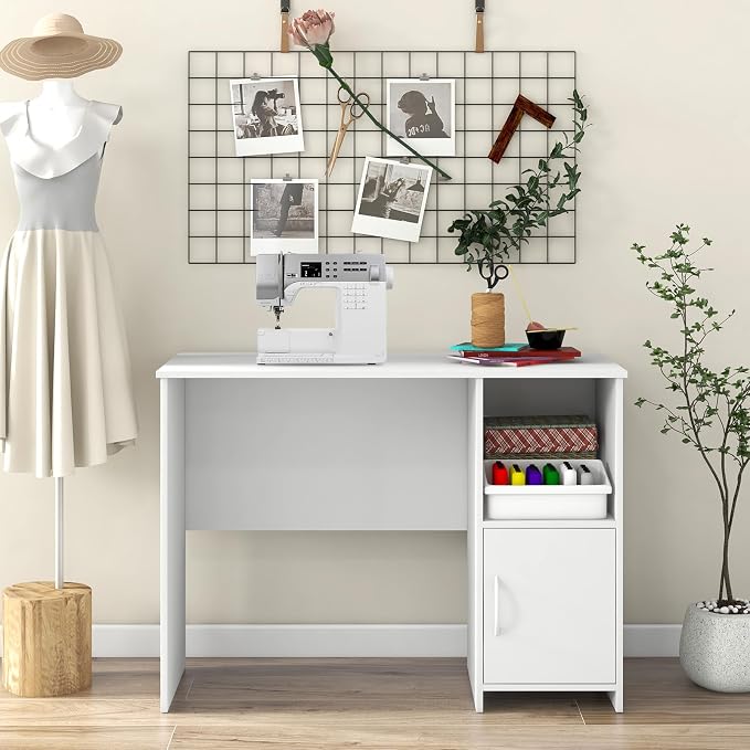 COSTWAY 42” White Home Office Desk, Modern Computer Workstation with Open Compartment & Cabinet, Compact Writing Desk with Cable Holes for Bedroom, Study Room, Dorm