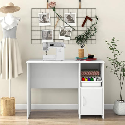 COSTWAY 42” White Home Office Desk, Modern Computer Workstation with Open Compartment & Cabinet, Compact Writing Desk with Cable Holes for Bedroom, Study Room, Dorm
