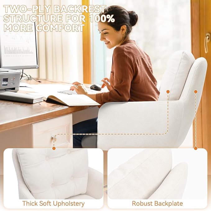 Flannel Office Chair Vanity Chair Comfy Home Office Desk Chairs with Lumbar Support, Modern Plush Fabric Desk Gold Legs Swivel Task for Home Office Bedroom Study White Upgraded Version