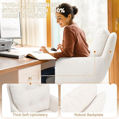 Flannel Office Chair Vanity Chair Comfy Home Office Desk Chairs with Lumbar Support, Modern Plush Fabric Desk Gold Legs Swivel Task for Home Office Bedroom Study White Upgraded Version