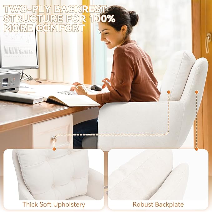 Flannel Office Chair, Comfy Home Office Desk Chairs with Lumbar Support, Modern Velvet Desk Chair Gold Legs Small Swivel Task Chair for Home Office, Bedroom, Study (Beige, L)