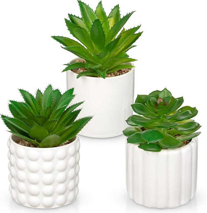 Briful Succulents Plants Artificial in White Ceramic Pots (Set of 3), Small Fake Plants for Home Office Desk Decor – Modern Mini Potted Succulents for Bathroom, Bedroom, Living Room Table, Shelf
