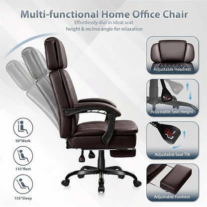 PRETZI Executive Office Chair 400LBS, Ergonomic Office Chair with Foot Rest, Heavy Duty Desk Chair for Home Office, Reclining High Back PU Leather Computer Chair Comfy, Brown