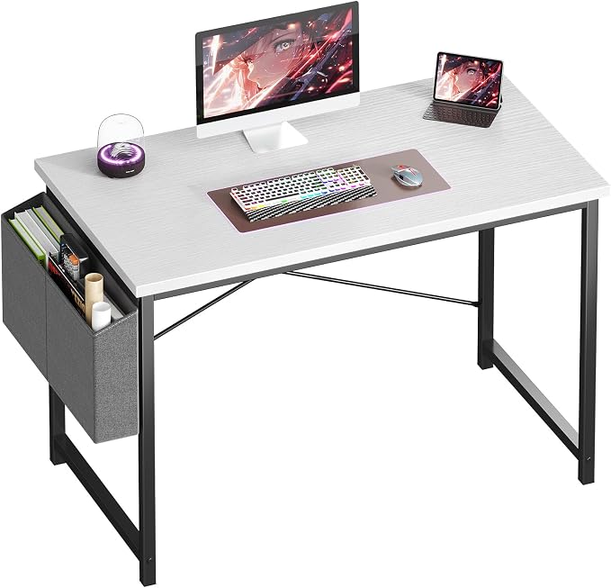 OLIXIS Computer Desk, 44 Inch Home Office Desks for Small Spaces, Writing Craft Study Gaming Table for Bedroom, Modern Computer Workstation with Storage Bag, White