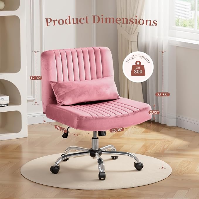 Warmiehomy Velvet Criss Cross Desk Chair with Wheels, Luxury Cross Legged Office Chairs for Home Office, Swivel Wide Seat Vanity Chair, Armless Adjustable Height Gaming Chair Gift, Dusty Rose