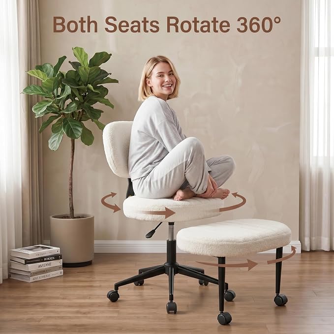 Cross Legged Office Chair with Wheels, 360 Swivel Height-Adjustable Meditation Chair with Lumbar Support, White