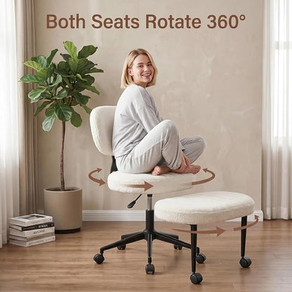Cross Legged Office Chair with Wheels, 360 Swivel Height-Adjustable Meditation Chair with Lumbar Support, White