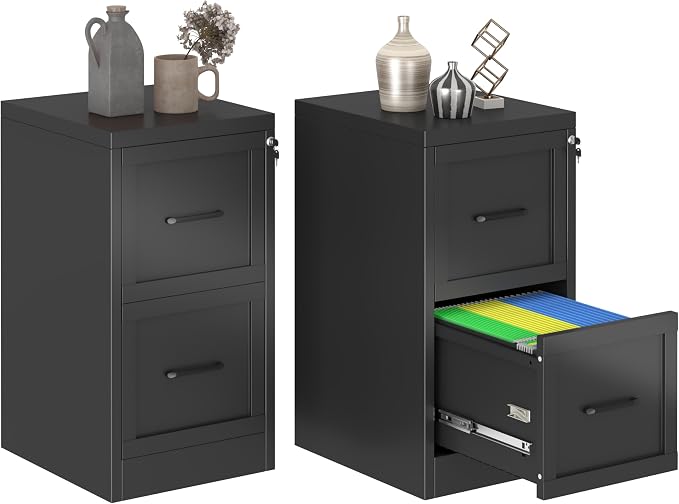 GAIOUS Metal Vertical File Cabinet with Lock, Home Office File Cabinet | 2 Drawer Under Desk Cabinet, Metal Filing Cabinet, Black Lockable Storage Cabinet, Fits Letter/Legal/A4 Size