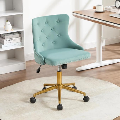 Velvet Armless Home Office Desk Chair, Swivel Height-Adjustable Small Cute Vanity Chair for Women/Girls, Comfy Makeup Chair with Rivet and Gold Base for Living Room, Bedroom(Green)