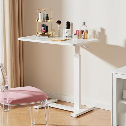 Overbed Bedside Table with Hidden Casters, Adjustable Pneumatic Mobile Laptop Computer Standing Desk, Rolling Laptop Table, Movable Overbed Table Hospital Home Use, White