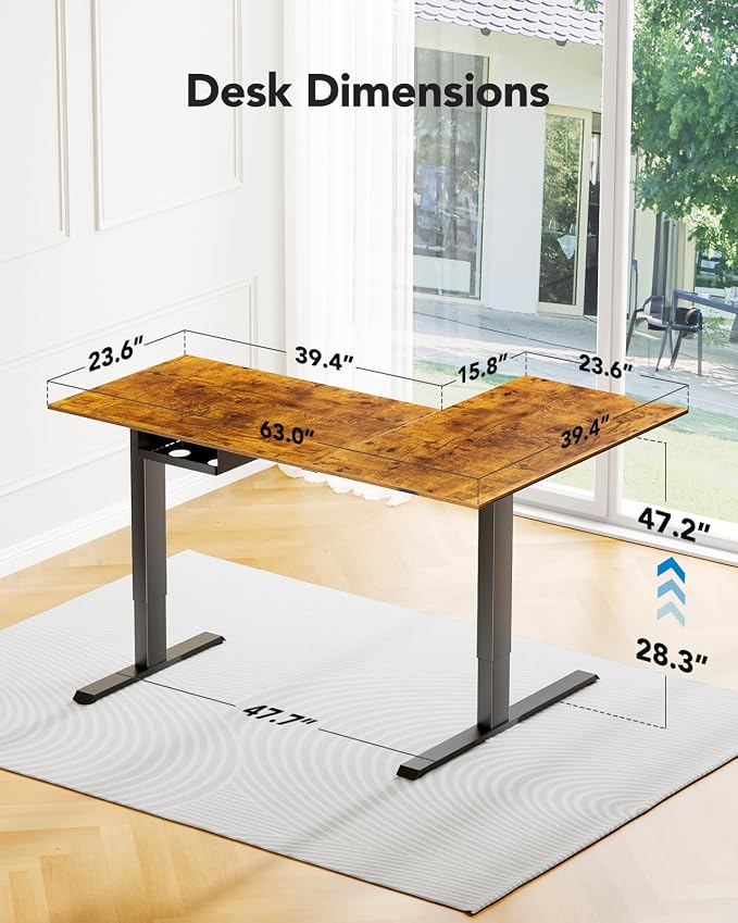 HUANUO Dual Motor 63x40 inch L Shaped Electric Standing Desk with 3 Preset Heights, Electric Height Adjustable Computer Table, 2 Hooks & Cable Tray, Raising Desk for Home Office, Vintage Brown