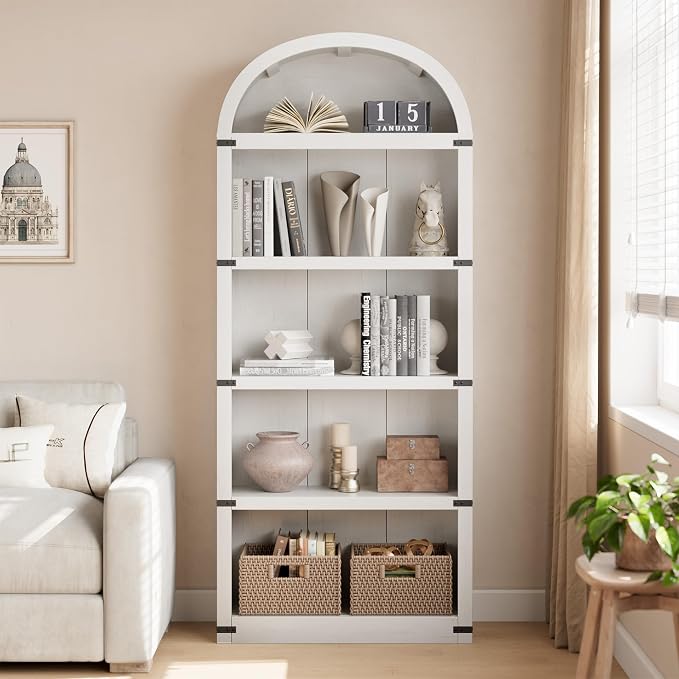 GarveeHome Bookcase 5 Shelf Arched Bookshelf 71.65 in Tall Bookcase Farmhouse Display Storage Rack Wooden Bookshelves for Home Office, Living Room (White)