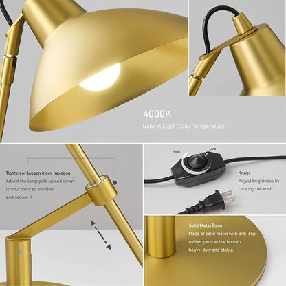 Desk Lamp Modern Industrial 100% Metal Adjustable Table Lamp 24", Natural Light (4000K) with Dimmer, Ideal for Office Bedroom Study Room Living Room Nightstand Bedside Lamps Brass