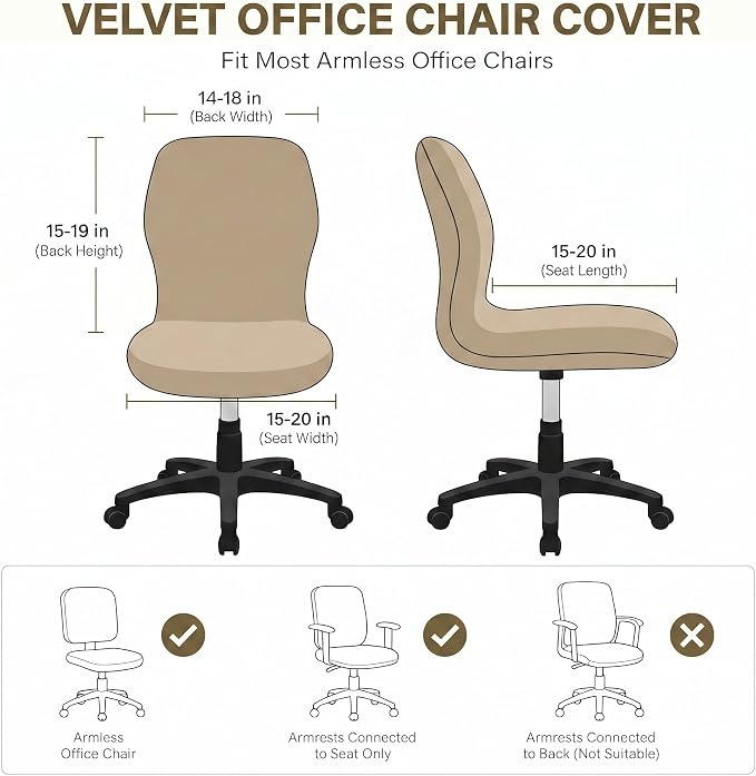 Deisy Dee Velvet Stretch Armless Office Chair Covers - Colorful Stretch Slipcover for Desk Chairs (Khaki)
