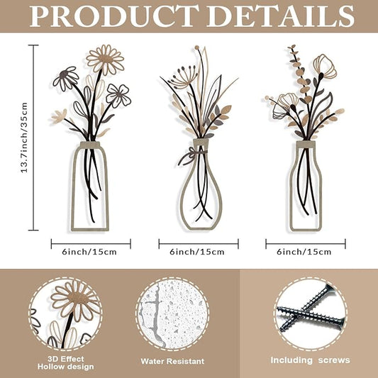 Pigort 3 Pieces Metal Flowers Wall Arts - Rustic Farmhouse Style Décor Metal Wall Art Black Minimalist Flower Natural Themed Wall Decors for Home Bedroom Dining Room Housewarming (Brown)