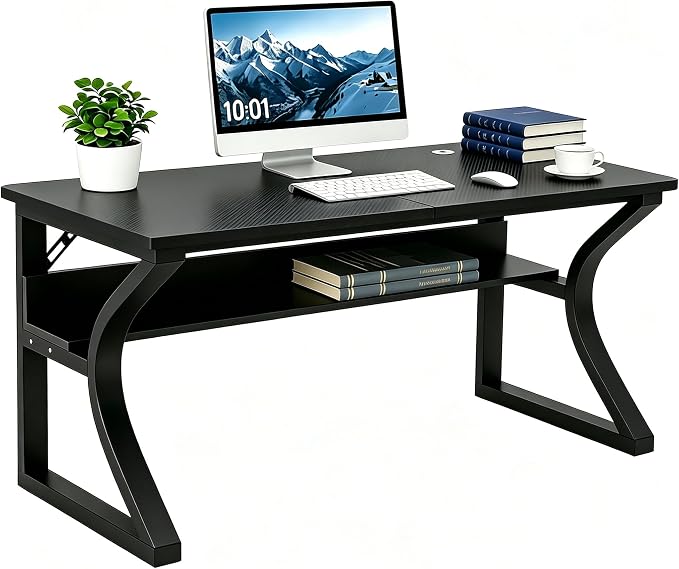 47 inch Computer Desk, Home Office Desk with Storage Shelf, Sturdy U-Shaped Metal Frame Study Table with Cable Management, Gaming Desk for Office & Bedroom (Carbon Fiber Black, 47inch)