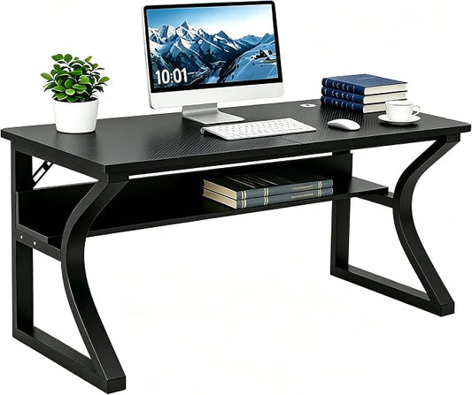 55 inch Computer Desk, Home Office Desk with Storage Shelf, Sturdy U-Shaped Metal Frame Study Table with Cable Management, Gaming Desk for Office & Bedroom (Carbon Fiber Black, 55inch)